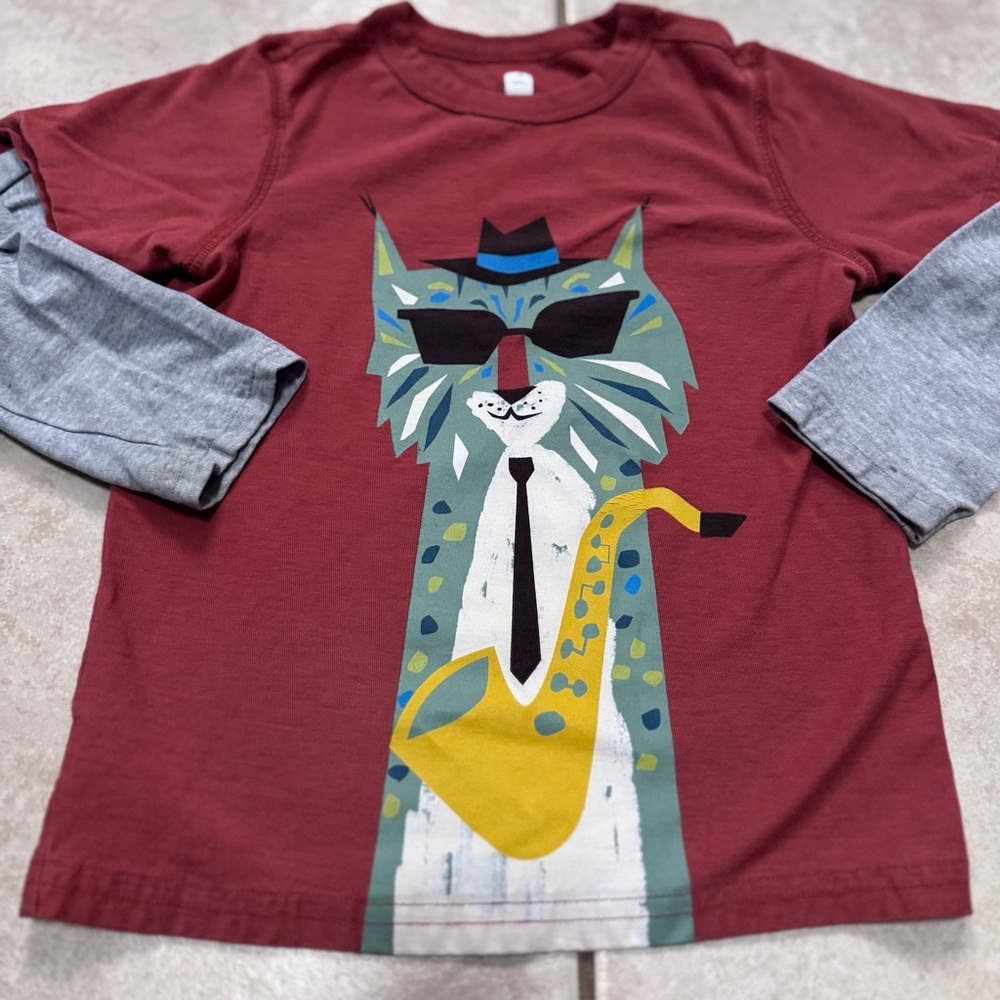 Tea Collection Red and Gray Cat Saxophone Long Sleeve Tee